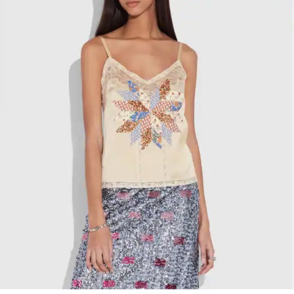 Coach Quilted Patchwork Camisole Silky Appliqué Prairie Embellished Lace Cami 10 - Picture 1 of 12